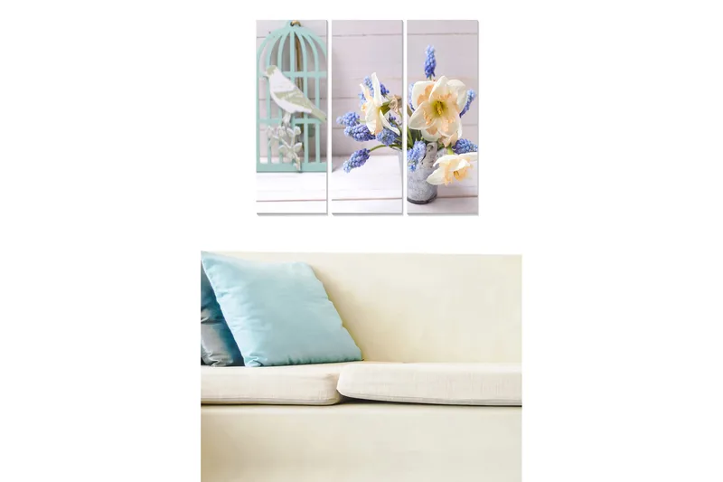 Puinen canvastaulu, 3 osaa, 50x70 cm - Kaunis kukkakimppu ja lintu häkissä, Vaaleansininen / Valkoinen / Keltainen