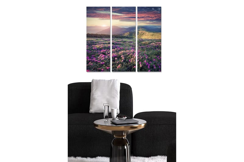Puinen canvastaulu, 3 osaa, 50x70 cm - Kaunis kukkaniitty värikkäillä kukilla ja kaukaisilla vuorilla auringonlaskun aikaan, Violetti / Vihreä / Oranssi