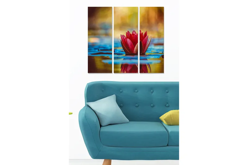 Puinen canvastaulu, 3 osaa, 50x70 cm - Kaunis lumpeenkukka peilimäisellä pinnalla - Punainen / Sininen / Keltainen - Sisustustuotteet - Taulu & taide - Canvas-taulu