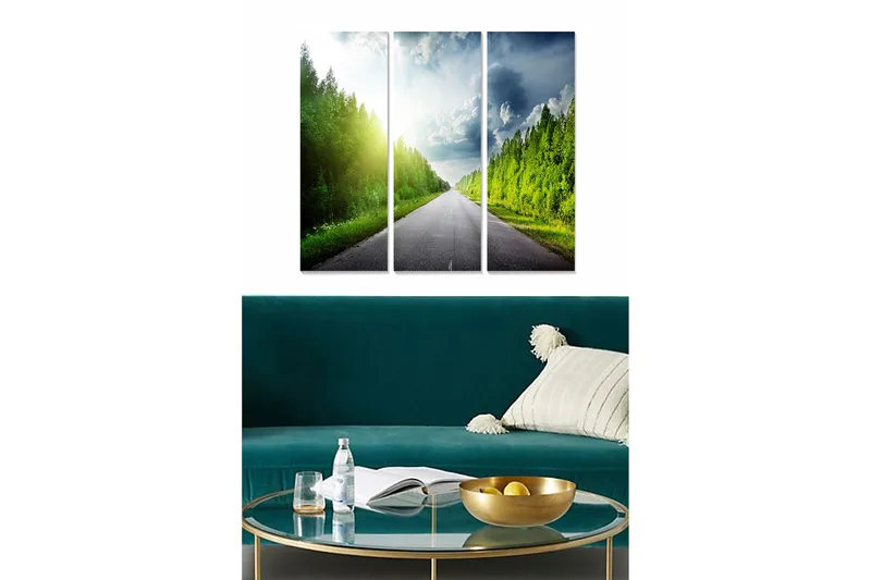 Puinen canvastaulu, 3 osaa, 50x70 cm - Kaunis maalaistie, jota ympäröi rehevä vehreys ja pilvinen taivas, Vihreä / Harmaa / Sininen