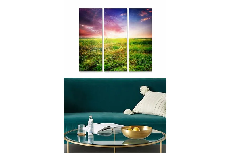Puinen canvastaulu, 3 osaa, 50x70 cm - Kaunis maisemakuva rehevine niittyineen ja dramaattisine taivineen, Vihreä / Sininen / Violetti