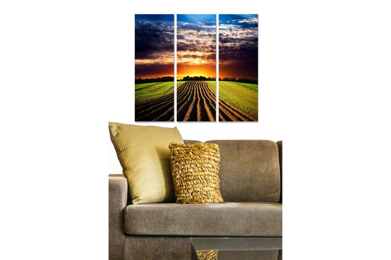 Puinen canvastaulu, 3 osaa, 50x70 cm - Kaunis maisemanäkymä auringonlaskulla peltojen yllä, Vihreä / Oranssi / Sininen