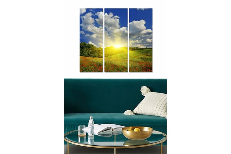 Puinen canvastaulu, 3 osaa, 50x70 cm - Kaunis maisemanäkymä auringonnousulla kukkivan niityn yllä, Sininen / Vihreä / Keltainen