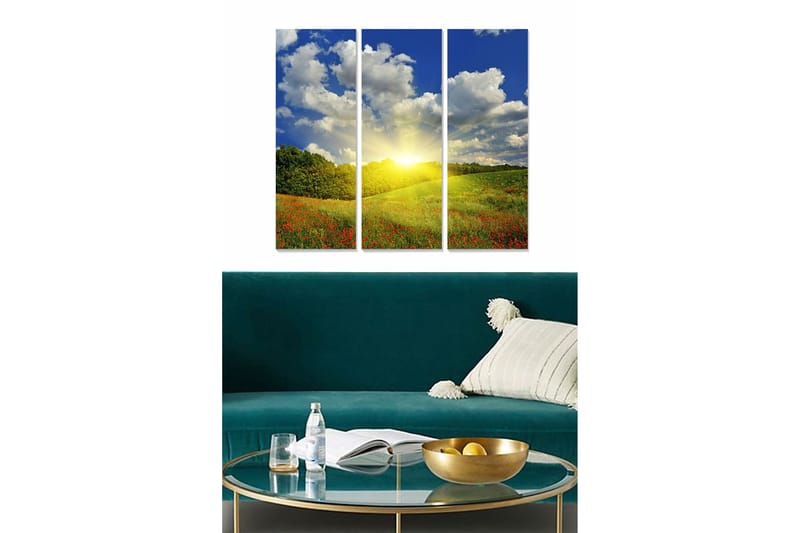 Puinen canvastaulu, 3 osaa, 50x70 cm - Kaunis maisemanäkymä auringonnousulla kukkivan niityn yllä, Sininen / Vihreä / Keltainen