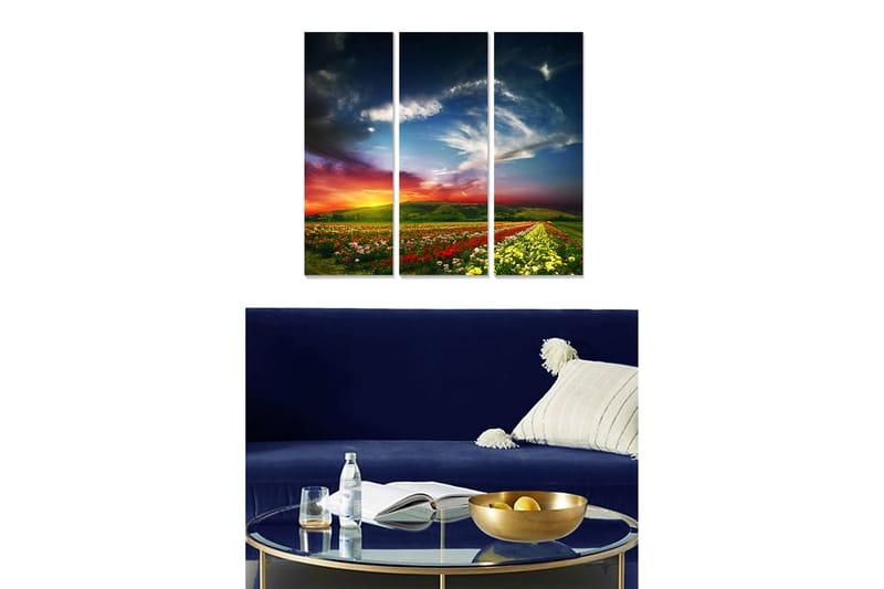 Puinen canvastaulu, 3 osaa, 50x70 cm - Kaunis maisemanäkymä kukkapeltoineen ja dramaattisine taivasneen, Vihreä / Punainen / Keltainen