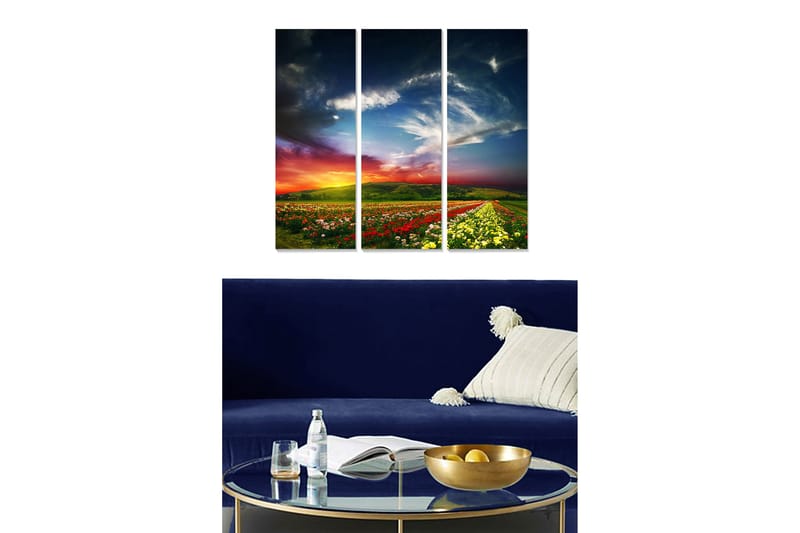 Puinen canvastaulu, 3 osaa, 50x70 cm - Kaunis maisemanäkymä kukkapeltoineen ja dramaattisine taivasneen, Vihreä / Punainen / Keltainen