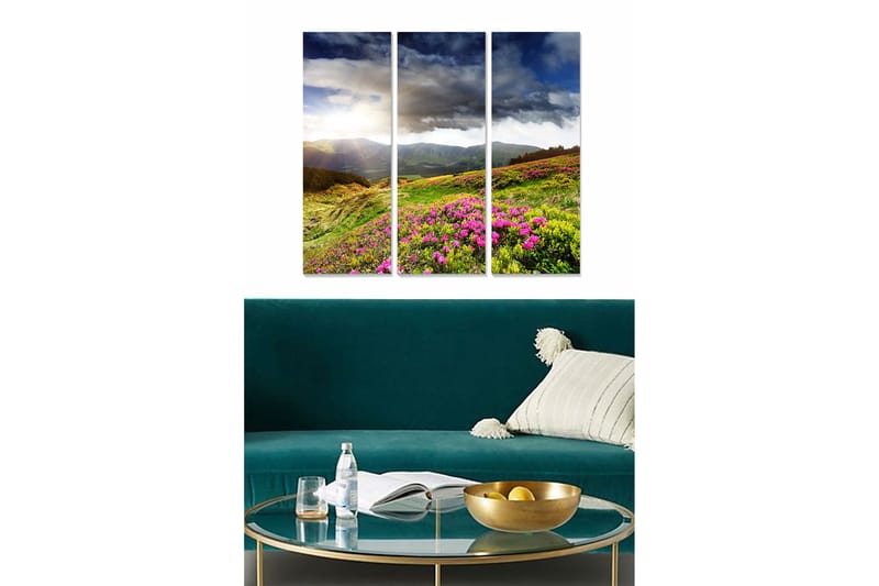 Puinen canvastaulu, 3 osaa, 50x70 cm - Kaunis maisemanäkymä kukkivine niittyineen ja kaukaisine vuorineen, Vihreä / Vaaleanpunainen / Sininen