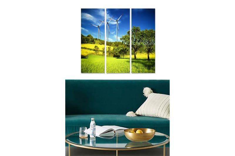 Puinen canvastaulu, 3 osaa, 50x70 cm - Kaunis maisemanäkymä tuuliturbiineilla ja vihreillä pelloilla, Vihreä / Keltainen / Sininen