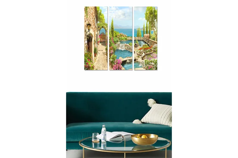 Puinen canvastaulu, 3 osaa, 50x70 cm - Kaunis maisemanäkymä tyynellä vesilähteellä ja kukkivalla ympäristöllä, Vihreä / Sininen / Vaaleanpunainen