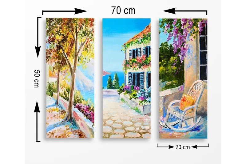 Puinen canvastaulu, 3 osaa, 50x70 cm - Kaunis maisemanäkymä värikkäillä kukilla ja aurinkoisella kadulla - Vihreä / Sininen / Oranssi - Sisustustuotteet - Taulu & taide - Canvas-taulu