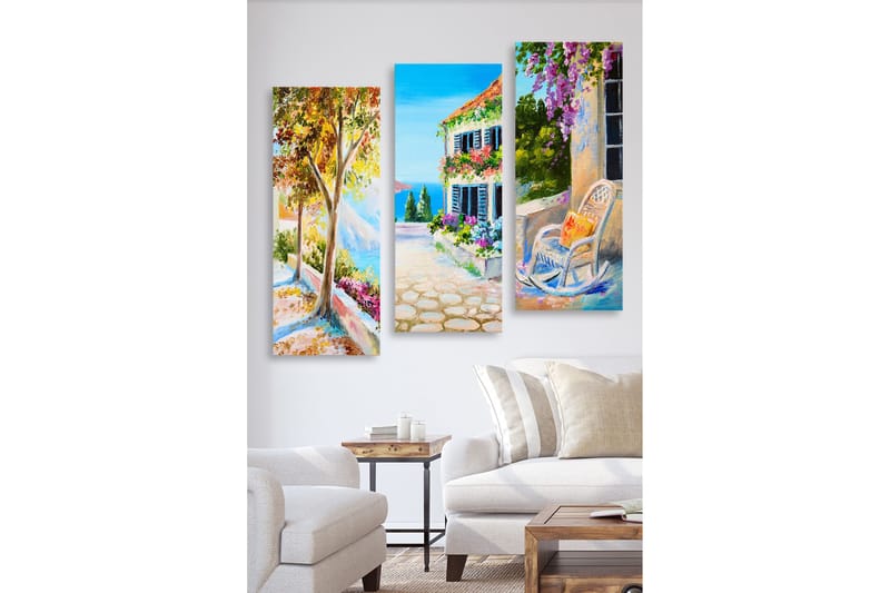 Puinen canvastaulu, 3 osaa, 50x70 cm - Kaunis maisemanäkymä värikkäillä kukilla ja aurinkoisella kadulla, Vihreä / Sininen / Oranssi