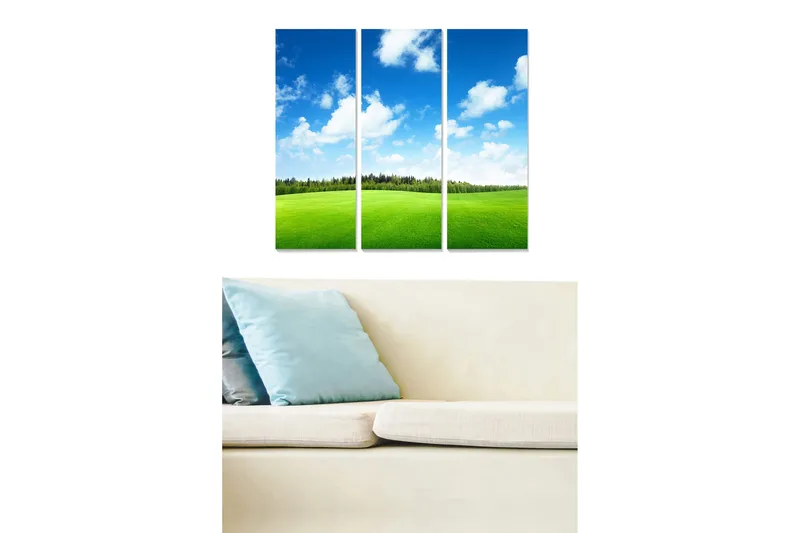 Puinen canvastaulu, 3 osaa, 50x70 cm - Kaunis maisemanäkymä vihreällä niityllä ja sinisellä taivaalla, Vihreä / Sininen