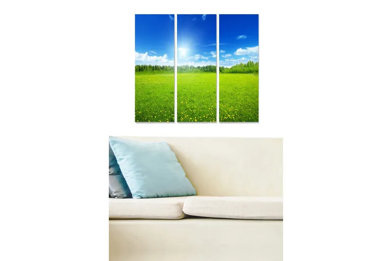 Puinen canvastaulu, 3 osaa, 50x70 cm - Kaunis maisemanäkymä vihreillä niityillä ja sinisellä taivaalla, Vihreä / Sininen / Keltainen