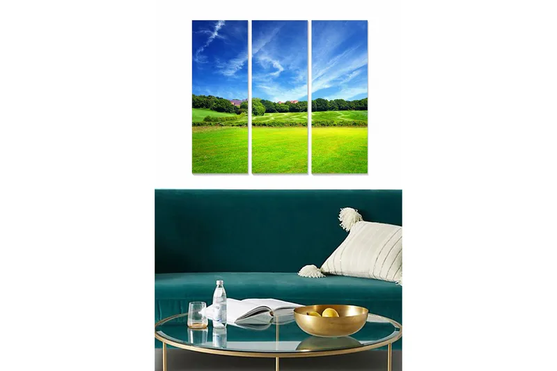 Puinen canvastaulu, 3 osaa, 50x70 cm - Kaunis maisemanäkymä vihreillä pelloilla ja sinisellä taivaalla, Vihreä / Sininen