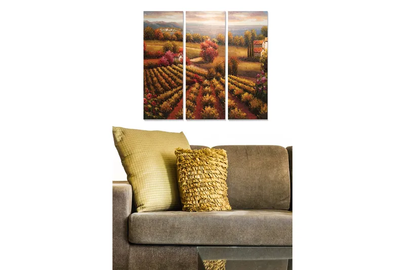 Puinen canvastaulu, 3 osaa, 50x70 cm - Kaunis maisemanäkymä viinitarhoilla ja värikkäillä puilla syksyn väreissä, Kulta / Punainen / Vihreä