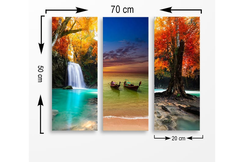 Puinen canvastaulu, 3 osaa, 50x70 cm - Kaunis maisemanäkymä putoavalla vedellä ja värikkäillä syyspuilla - Turkoosi / Oranssi / Punainen - Sisustustuotteet - Taulu & taide - Canvas-taulu