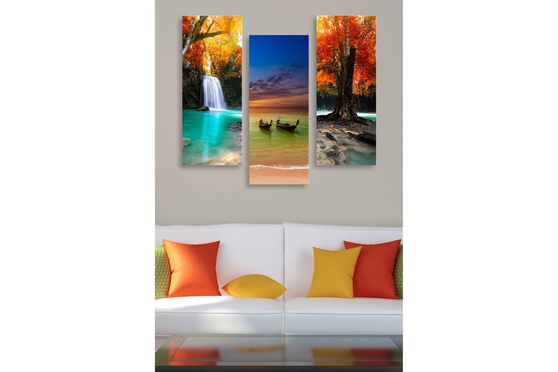 Puinen canvastaulu, 3 osaa, 50x70 cm - Kaunis maisemanäkymä putoavalla vedellä ja värikkäillä syyspuilla, Turkoosi / Oranssi / Punainen
