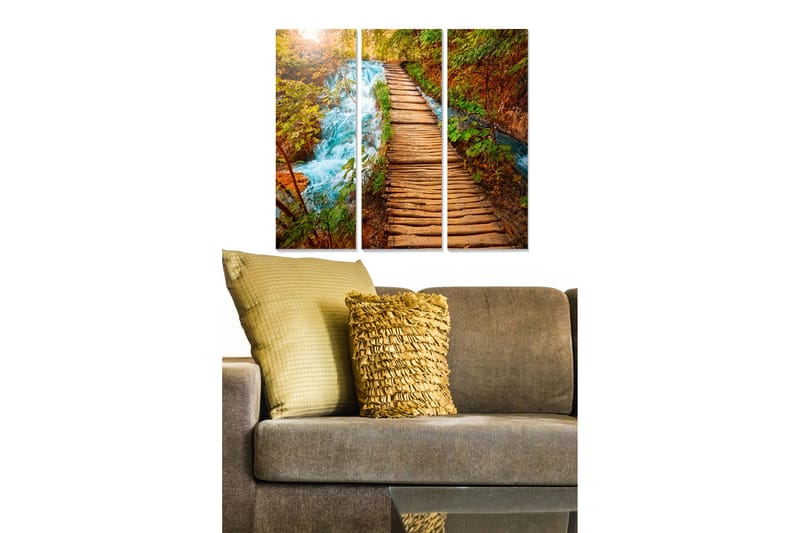 Puinen canvastaulu, 3 osaa, 50x70 cm - Kaunis metsäpolku virtaavan veden ja syksyn värien kanssa, Vihreä / Ruskea / Sininen
