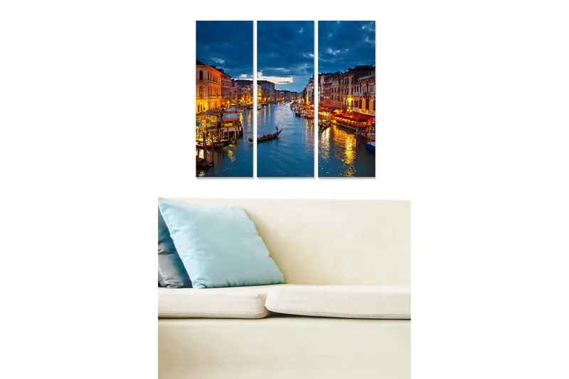 Puinen canvastaulu, 3 osaa, 50x70 cm - Kaunis näkymä kanavalle gondolihisseineen ja valaistuine rakennuksineen hämärässä, Tummansininen / Kulta / Oranssi