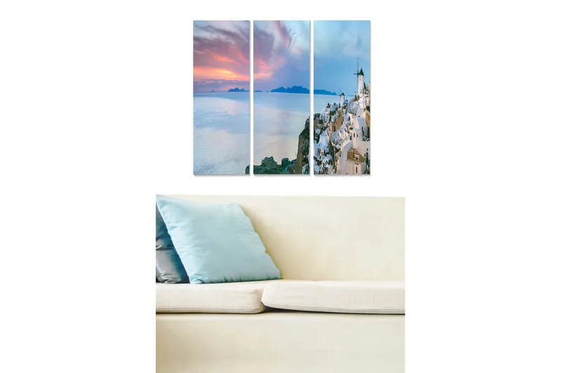 Puinen canvastaulu, 3 osaa, 50x70 cm - Kaunis näkymä kreikkalaiseen rannikkokaupunkiin auringonlaskun aikaan, Valkoinen / Sininen / Vaaleanpunainen