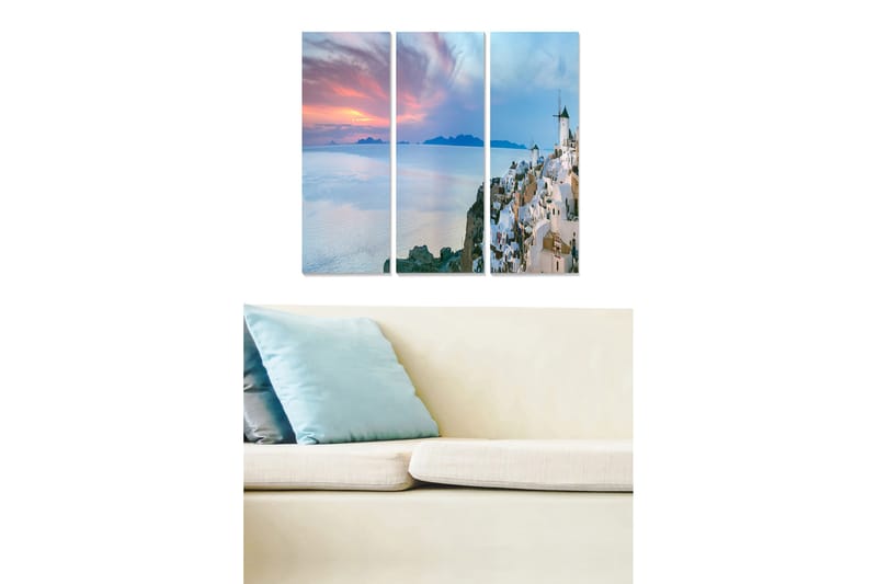 Puinen canvastaulu, 3 osaa, 50x70 cm - Kaunis näkymä kreikkalaiseen rannikkokaupunkiin auringonlaskun aikaan, Valkoinen / Sininen / Vaaleanpunainen