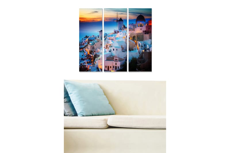 Puinen canvastaulu, 3 osaa, 50x70 cm - Kaunis näkymä kreikkalaisesta kylästä auringonlaskun aikaan, valkoisia taloja ja sinisiä kupoleja - Sininen / Valkoinen / Oranssi - Sisustustuotteet - Taulu & taide - Canvas-taulu