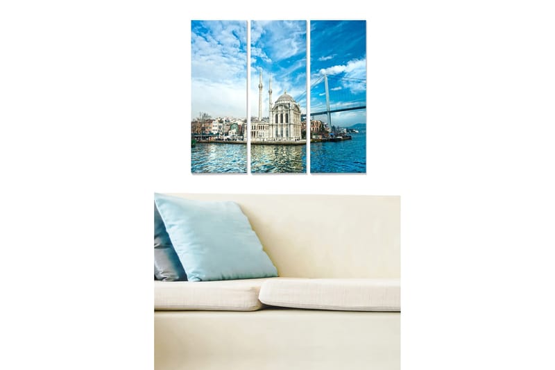 Puinen canvastaulu, 3 osaa, 50x70 cm - Kaunis näkymä moskeijasta veden äärellä, taustalla silta, Sininen / Valkoinen / Harmaa
