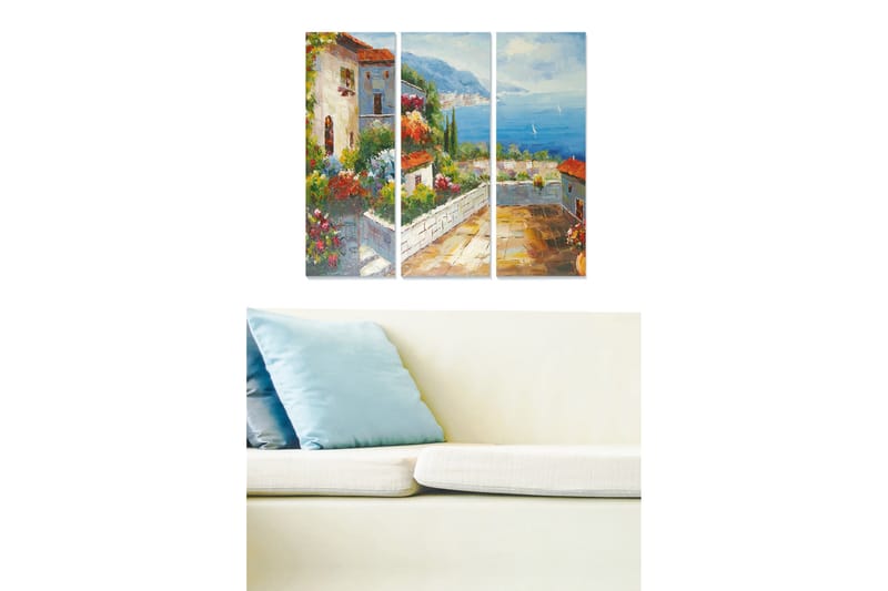 Puinen canvastaulu, 3 osaa, 50x70 cm - Kaunis näkymä Välimeren inspiroimaan kylään kukkien ja meren ympäröimänä, Vihreä / Sininen / Terrakotta
