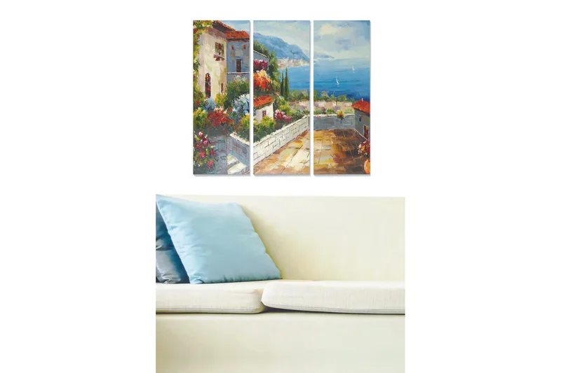 Puinen canvastaulu, 3 osaa, 50x70 cm - Kaunis näkymä Välimeren inspiroimaan kylään kukkien ja meren ympäröimänä, Vihreä / Sininen / Terrakotta