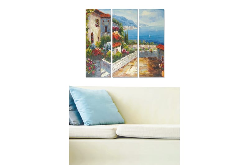 Puinen canvastaulu, 3 osaa, 50x70 cm - Kaunis näkymä Välimeren inspiroimaan kylään kukkien ja meren ympäröimänä, Vihreä / Sininen / Terrakotta