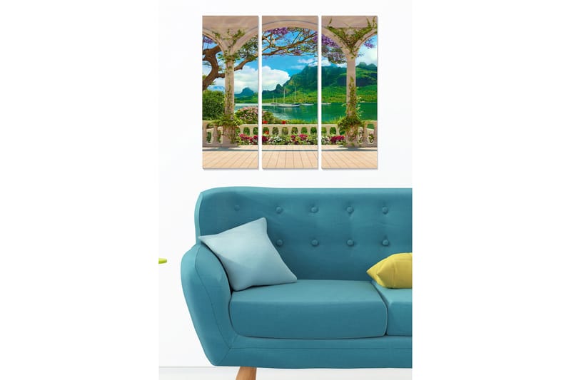 Puinen canvastaulu, 3 osaa, 50x70 cm - Kaunis näkymä pergolasta, taustalla kukkia ja vuoria, Vihreä / Sininen / Valkoinen
