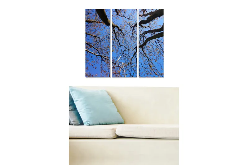 Puinen canvastaulu, 3 osaa, 50x70 cm - Kaunis näkymä puiden latvoihin kirkasta sinistä taivasta vasten, Sininen / Ruskea / Kulta