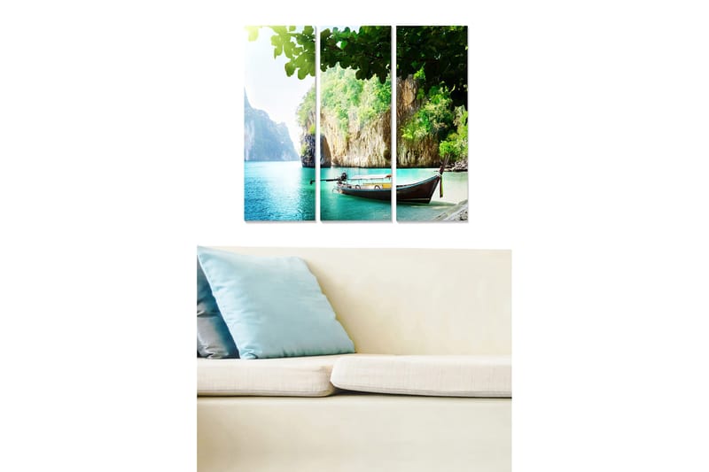 Puinen canvastaulu, 3 osaa, 50x70 cm - Kaunis rannikko ja vene kirkkaan turkoosilla rannalla, Turkoosi / Vihreä / Beige