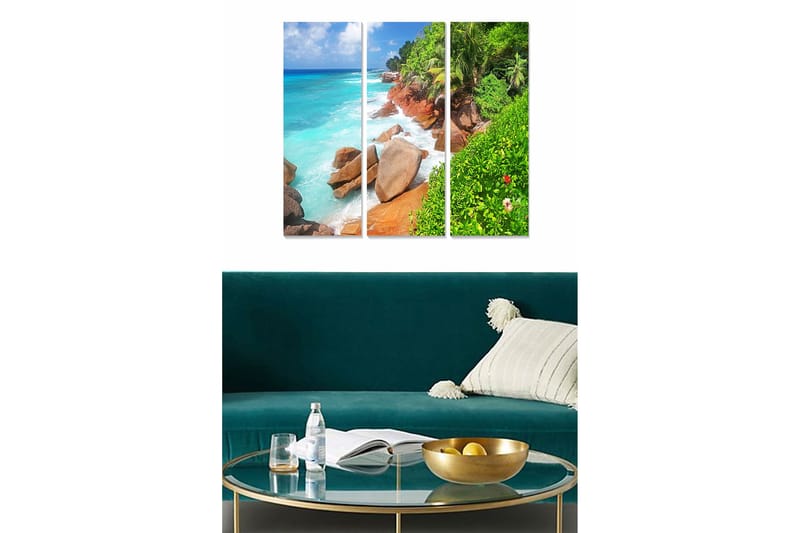 Puinen canvastaulu, 3 osaa, 50x70 cm - Kaunis rannikko kallioilla ja turkoosilla merellä, Turkoosi / Vihreä / Ruskea