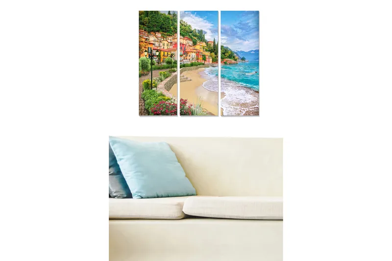 Puinen canvastaulu, 3 osaa, 50x70 cm - Kaunis rannikko värikkäine taloineen ja hiekkaranta, Vihreä / Sininen / Oranssi