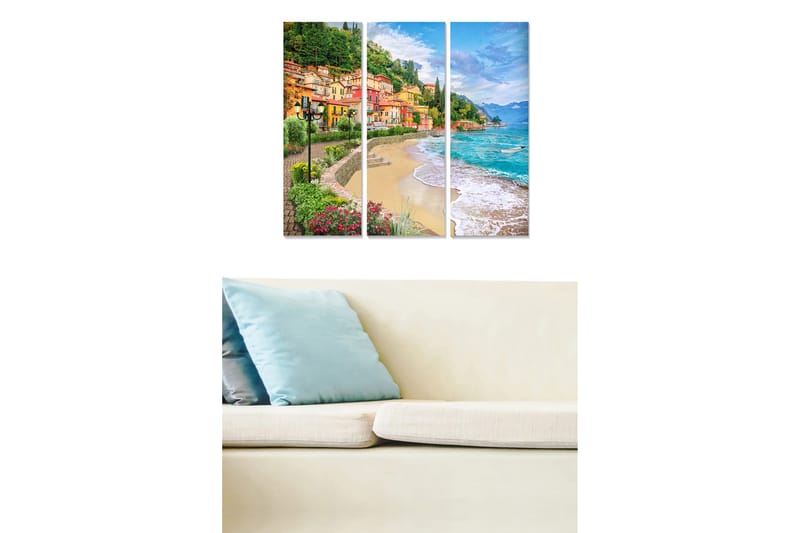 Puinen canvastaulu, 3 osaa, 50x70 cm - Kaunis rannikko värikkäine taloineen ja hiekkaranta, Vihreä / Sininen / Oranssi