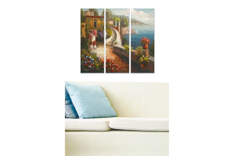 Puinen canvastaulu, 3 osaa, 50x70 cm - Kaunis rannikkomaisema kukilla ja mutkittelevalla merenrantatiellä, Vihreä / Sininen / Punainen