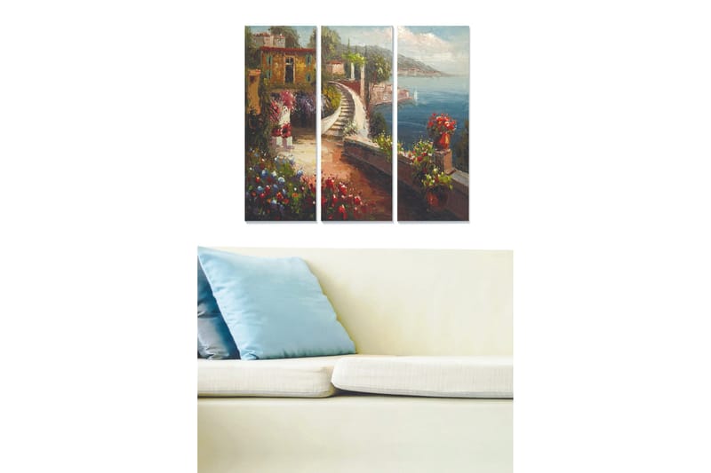 Puinen canvastaulu, 3 osaa, 50x70 cm - Kaunis rannikkomaisema kukilla ja mutkittelevalla merenrantatiellä, Vihreä / Sininen / Punainen