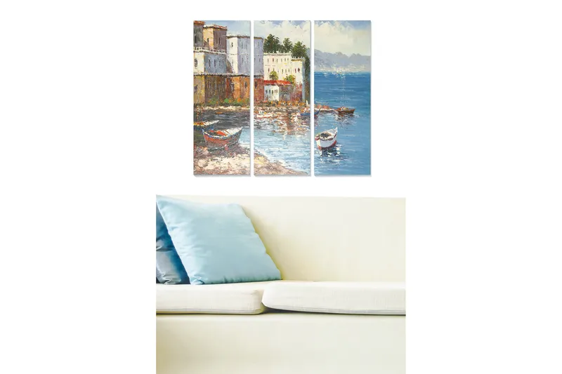 Puinen canvastaulu, 3 osaa, 50x70 cm - Kaunis rannikkomaisema veneineen värikkäässä satamassa, Sininen / Valkoinen / Ruskea