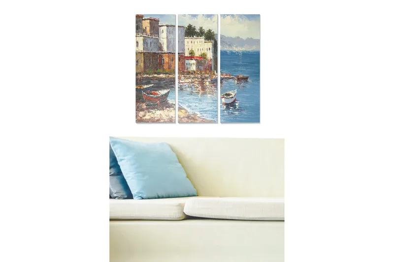 Puinen canvastaulu, 3 osaa, 50x70 cm - Kaunis rannikkomaisema veneineen värikkäässä satamassa, Sininen / Valkoinen / Ruskea