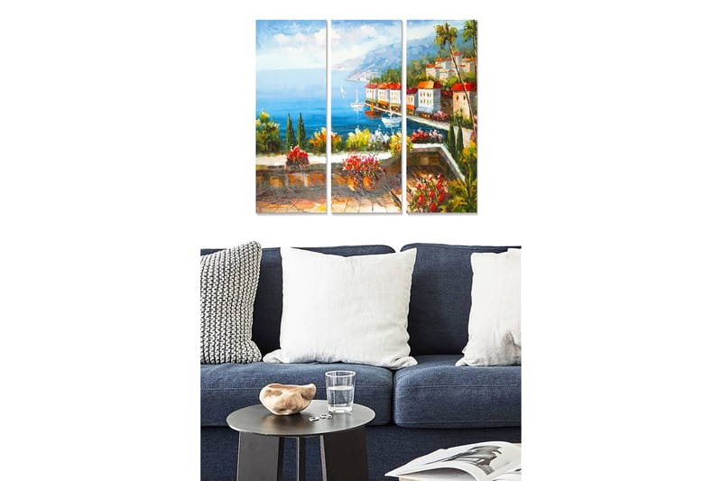 Puinen canvastaulu, 3 osaa, 50x70 cm - Kaunis rannikkonäkymä värikkäillä taloilla ja kukka-asetelmilla, Sininen / Vihreä / Punainen