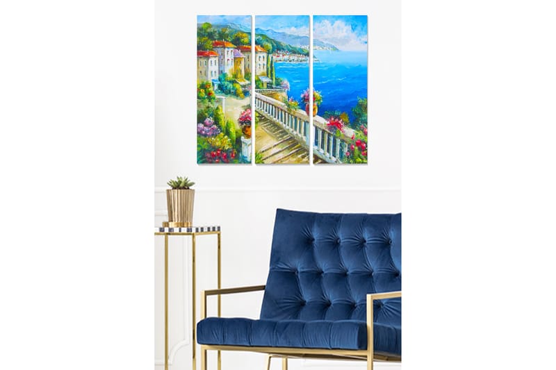 Puinen canvastaulu, 3 osaa, 50x70 cm - Kaunis rannikkonäkymä värikkäillä taloilla ja kukka-asetelmilla, Sininen / Vihreä / Punainen