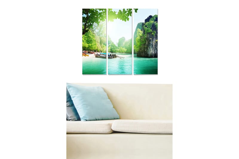 Puinen canvastaulu, 3 osaa, 50x70 cm - Kaunis ranta kallioineen ja rehevine maisemineen, Vihreä / Turkoosi / Sininen