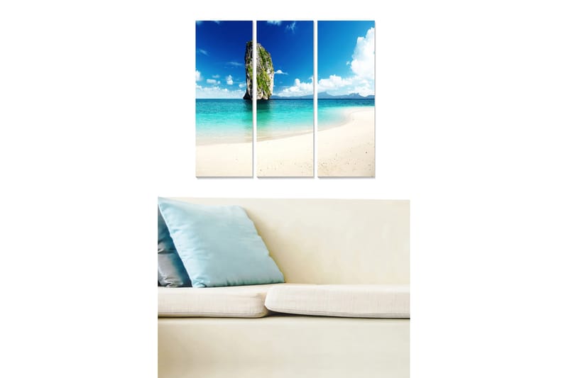 Puinen canvastaulu, 3 osaa, 50x70 cm - Kaunis ranta kalliomuodostelmilla ja kirkkaansinisellä taivaalla, Sininen / Turkoosi / Valkoinen