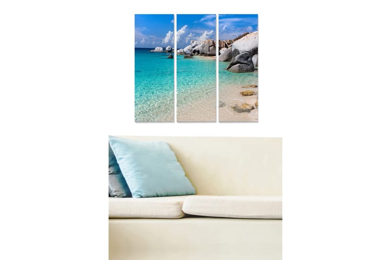 Puinen canvastaulu, 3 osaa, 50x70 cm - Kaunis ranta kirkkaalla turkoosilla vedellä ja kalliomuodostelmilla, Turkoosi / Sininen / Beige