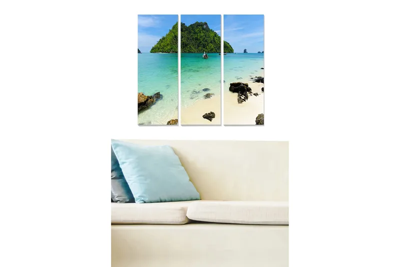 Puinen canvastaulu, 3 osaa, 50x70 cm - Kaunis ranta kirkkaalla turkoosilla vedellä ja rehevillä saarilla taustalla, Turkoosi / Vihreä / Beige