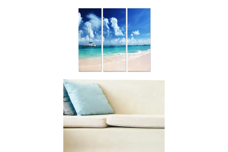 Puinen canvastaulu, 3 osaa, 50x70 cm - Kaunis rantamaisema purjeveneellä ja kirkkaansinisellä taivaalla, Sininen / Turkoosi / Beige