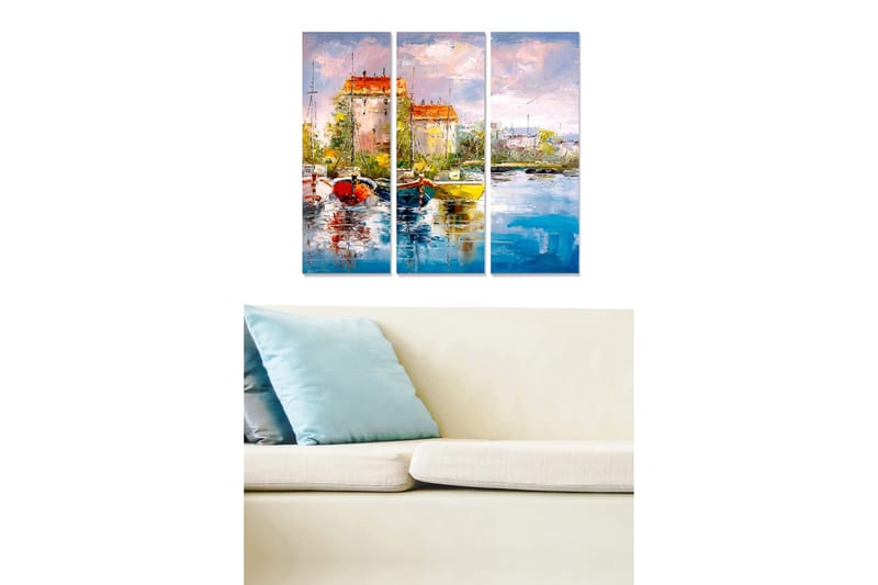 Puinen canvastaulu, 3 osaa, 50x70 cm - Kaunis satama värikkäine veneineen ja viehättävine rakennuksineen veden äärellä, Sininen / Punainen / Keltainen