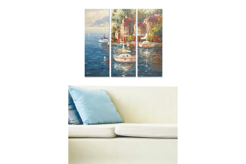 Puinen canvastaulu, 3 osaa, 50x70 cm - Kaunis satama purjeveneineen ja värikkäine rakennuksineen veden äärellä, Sininen / Vihreä / Punainen