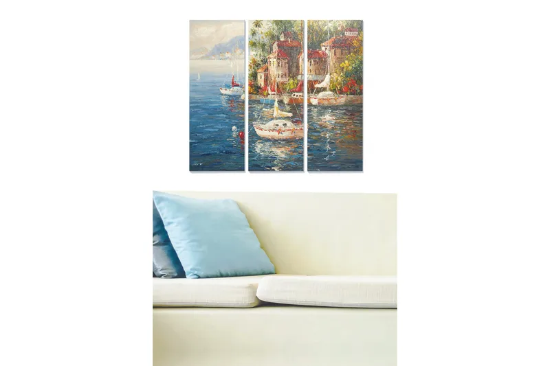 Puinen canvastaulu, 3 osaa, 50x70 cm - Kaunis satama purjeveneineen ja värikkäine rakennuksineen veden äärellä - Sininen / Vihreä / Punainen - Sisustustuotteet - Taulu & taide - Canvas-taulu